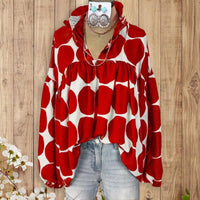 FIONA™ - Elegant V-Neck Red Dot Print Blouse with Lantern Sleeves - S