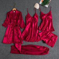 Rebecca | 5-Piece Silk Lace Nightwear Set - Red