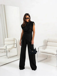 Diann™ Elegant Two-Piece Set | Draped Top and Wide-Leg Trousers - Black