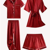 Juliette | 4-Piece Solid Satin Pajama Mid-Sleeve Robe Set - Red
