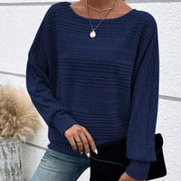 Solid Round-Neck Striped Top with Long Sleeves - Dark Blue