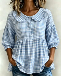 New Arrivals🔥Women's Gingham Puff Sleeve Peplum Blouse - Blue