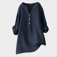 Veronique™ Elegant Cotton-Linen V-Neck Blouse - Navy Blue