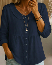 Arlira | Soft Linen Blouse with Peter Pan Collar - Dark blue