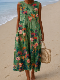 Savannah - Women's Sleeveless Midi Dress with Print for Casual Wear - S