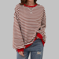 LUKA - Casual Long Sleeve Round Neck Striped Sweatshirt (Restocked) - Red