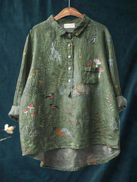Emily | Woodland And Animals Repeat Pattern Printed Women's Casual Shirt - Green