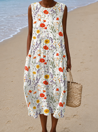 Delilah - Women's Loose-Fit Sleeveless Printed Midi Dress for the Beach - S