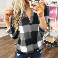 SAMIYA™ - Casual V-Neck Plaid Long Sleeve Blouse - Gray