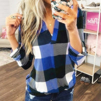 SAMIYA™ - Casual V-Neck Plaid Long Sleeve Blouse - Blue