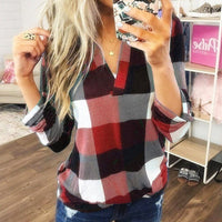 SAMIYA™ - Casual V-Neck Plaid Long Sleeve Blouse - Red