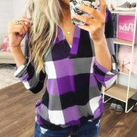 SAMIYA™ - Casual V-Neck Plaid Long Sleeve Blouse - Purple