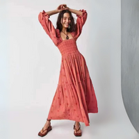 Moira™| Comfy Floral Lantern Sleeve Square Neck Maxi Dress - Light Red