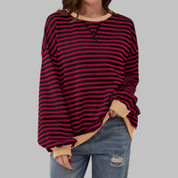 LUKA - Casual Long Sleeve Round Neck Striped Sweatshirt (Restocked) - Claret