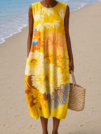 Gabriella - Women's Loose-Fit Sleeveless Printed Midi Dress for the Beach - S