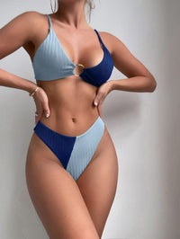 Natalie | Ribbed Two Tone High Leg Bikini - Blue