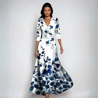 Eliana™ | Elegant Floral A-Line Dress - Blue/White