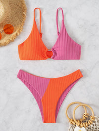 Natalie | Ribbed Two Tone High Leg Bikini - Orange and Pink