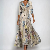 Emily | V-Neck Floral Tie-Waist Dress - Sand/Beige