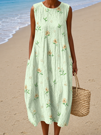 Genevieve - Women's Loose-Fit Sleeveless Printed Midi Beach Dress - S