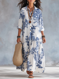 Dahlia™ | Bohemian Blue Floral Button-Down Tiered Maxi Dress - White & Blue Floral