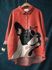 Evie | Decorative Pattern of French Bulldog Wearing Sunglasses On Red Background Casual Shirt - Multicolour