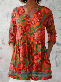 Marion | Long Blouse with V-Neck - Red Orange