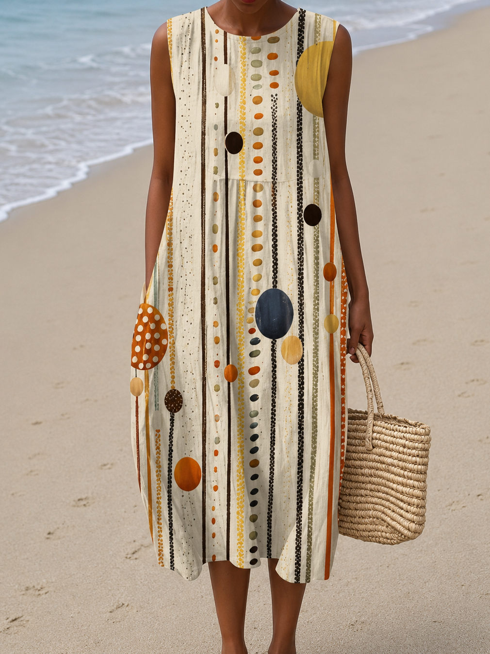 Hazel - Women's Casual Midi Dress with Sleeveless Print Design