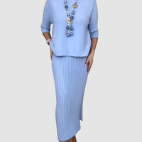 Delyssa™ Elegant 2-Piece Set | Relaxed Top and Ribbed Midi Skirt - Blue