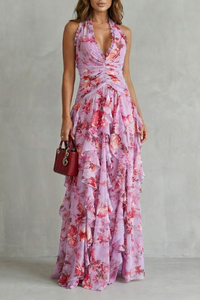 Belladina – Romantic rose cascade – Halter maxi dress - Pink