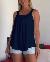 Caty | Solid Color Pleated Tank Top - Navy Blue