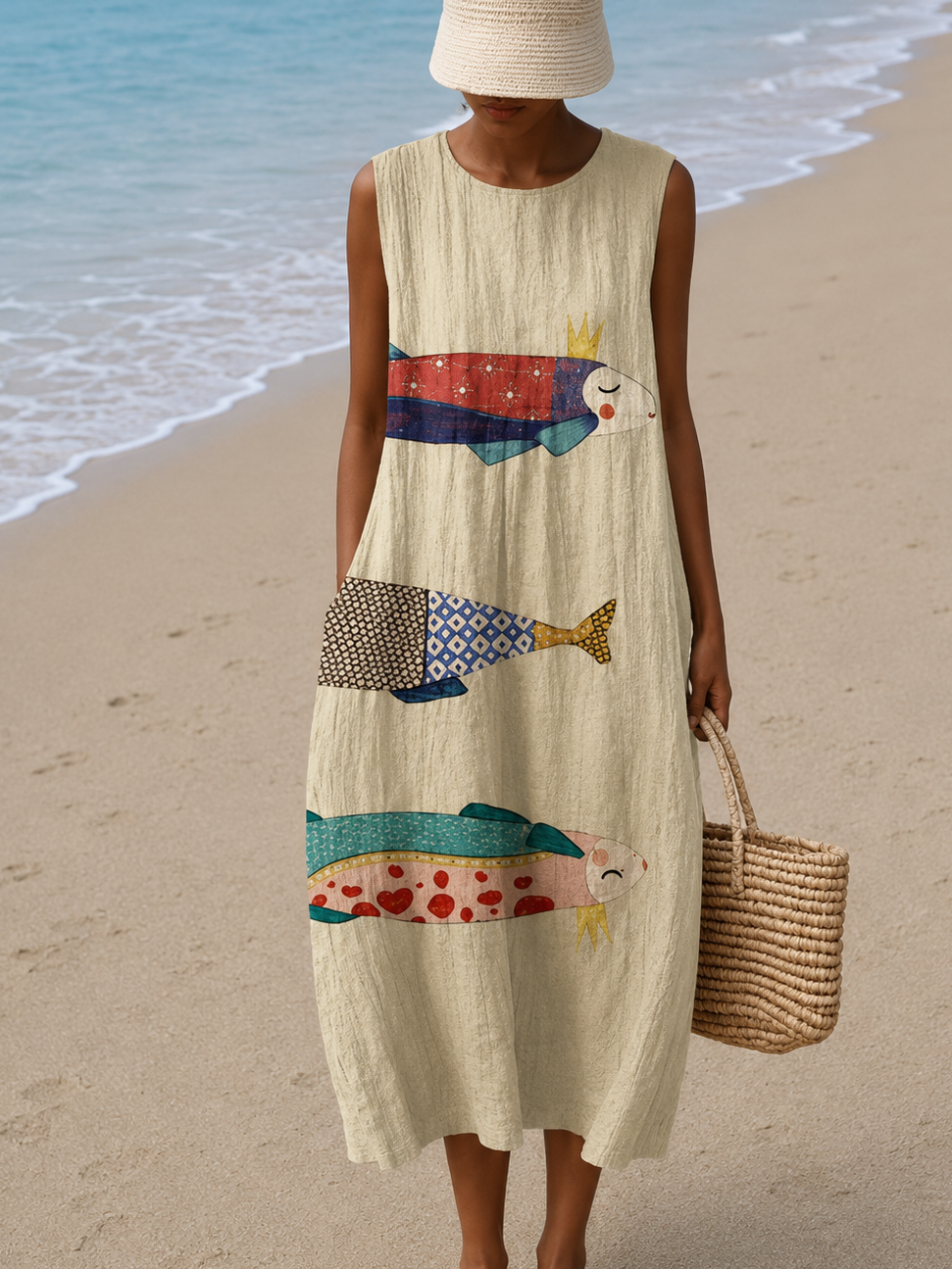 Addison - Women's Loose-Fit Sleeveless Printed Midi Dress for the Beach