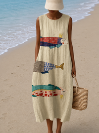 Addison - Women's Loose-Fit Sleeveless Printed Midi Dress for the Beach - S