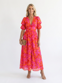 Willow | Floral V Neck Puff Sleeve Midi Dress - Pink