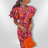 Oranit™ | Pleated Sleeve Colourful Dress - Orange
