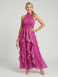 Orea | High Neck Gathered Ruffle Layers Maxi Dress - Pink