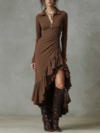 Ruffled High-Low Zip Midi Dress - brown