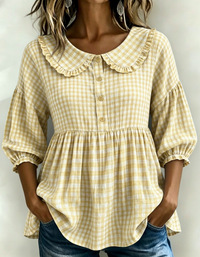 New Arrivals🔥Women's Gingham Puff Sleeve Peplum Blouse - Yellow