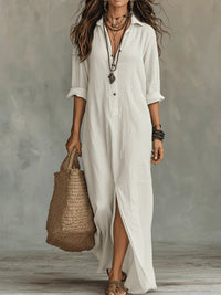 Soline | Relaxed V-Neck Button Maxi Dress - White