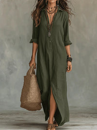 Soline | Relaxed V-Neck Button Maxi Dress - Green