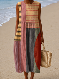 Jasmine - Women's Loose-Fit Sleeveless Printed Midi Dress for the Beach - S
