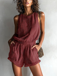 LIVIA | Striped Linen-Blend Romper - Red