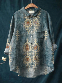 Daisy | Women's Vintage Ethnic Floral Art Print Casual Shirt - Blue