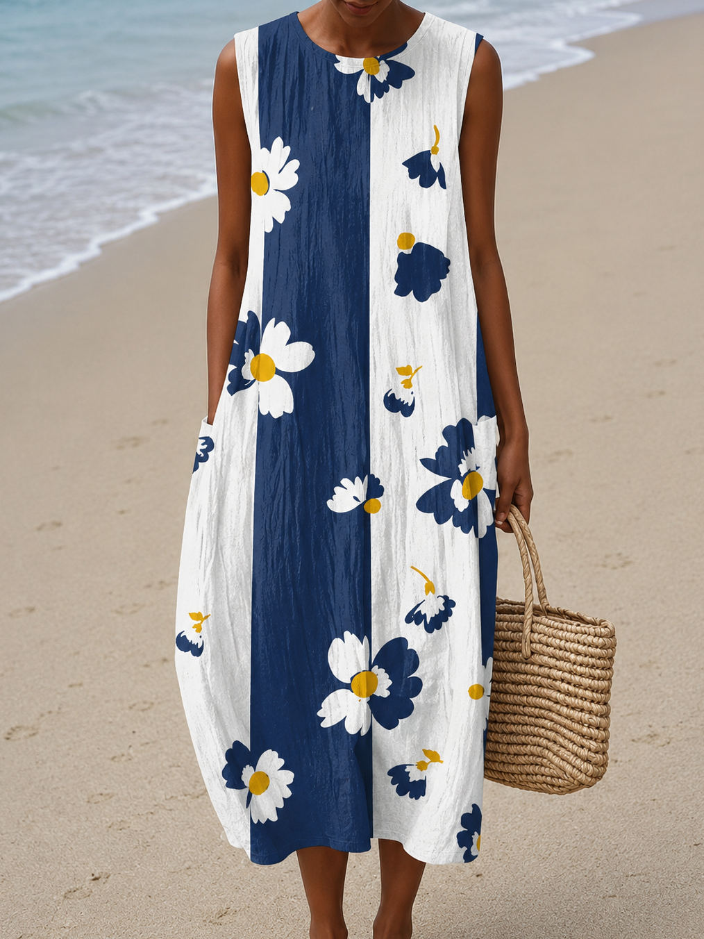 Nora - Women's Casual Midi Dress with Sleeveless Print Design
