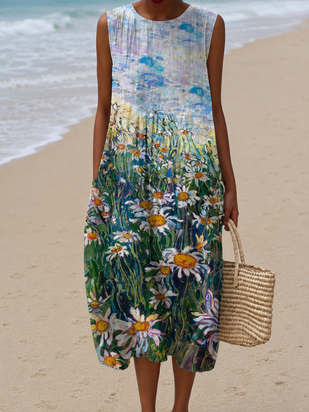 Kennedy - Women's Loose-Fit Sleeveless Printed Midi Dress for the Beach