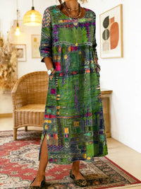 Manuela Printed Dress with Ethnic Patchwork - Green