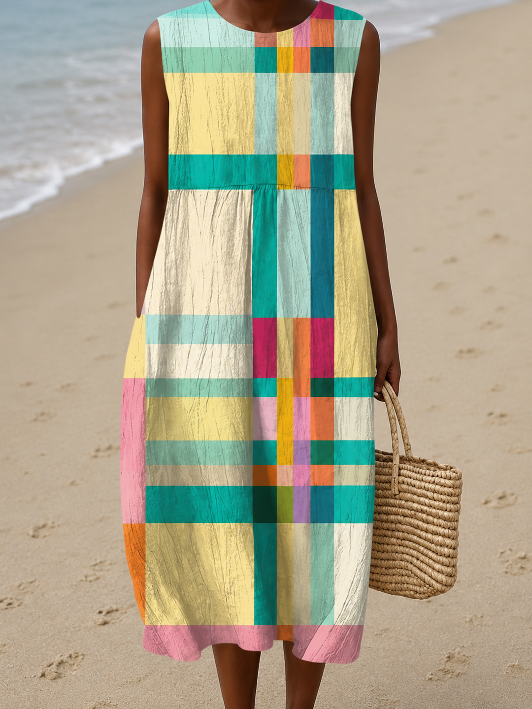 Samantha - Women's Casual Midi Dress with Sleeveless Print Design