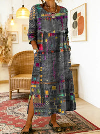 Manuela Printed Dress with Ethnic Patchwork - Gray