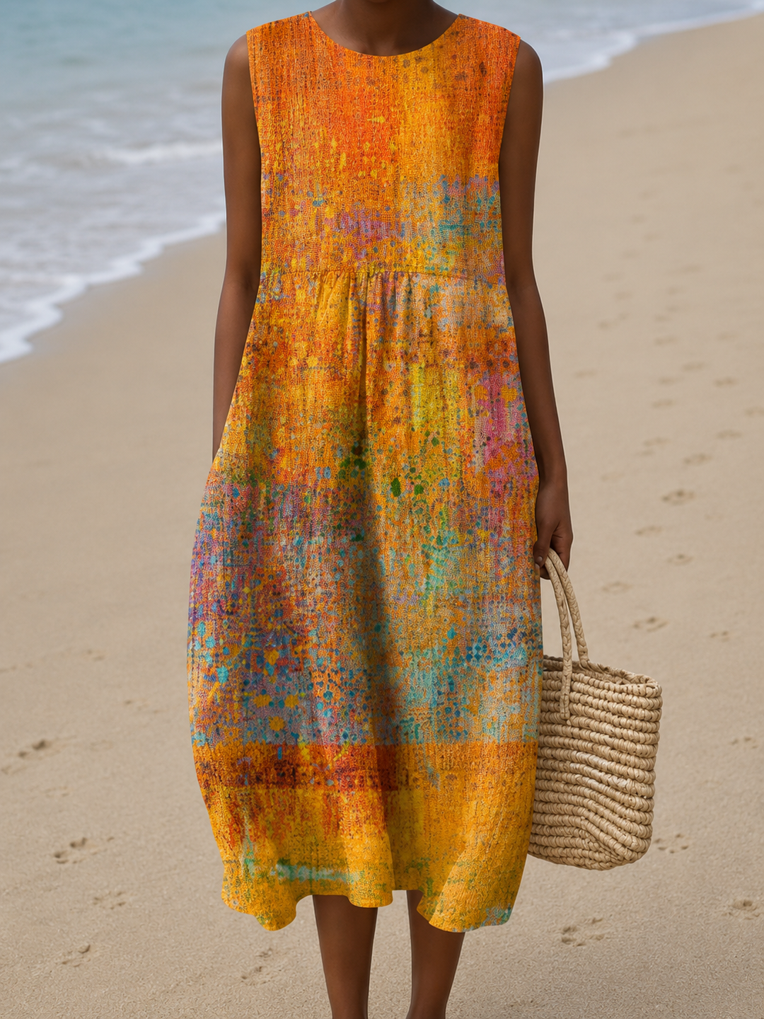 Leah - Women's Casual Midi Dress with Sleeveless Print Design