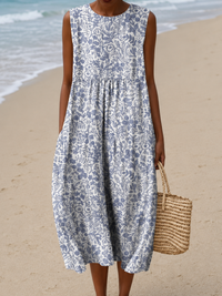 Leah - Women's Loose-Fit Sleeveless Printed Midi Dress for the Beach - S